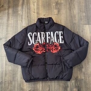 Scarface Graphic Puffer Jacket Men's Large Black Red Roses Hip Hop Streetwear